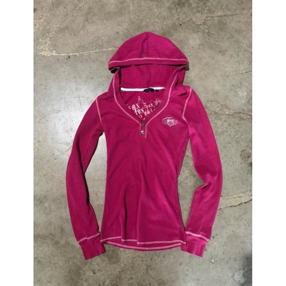 VTG Y2K Fox Racing Pink Henley Long Sleeve Thermal Waffle Knit Hoodie M (XS/S)